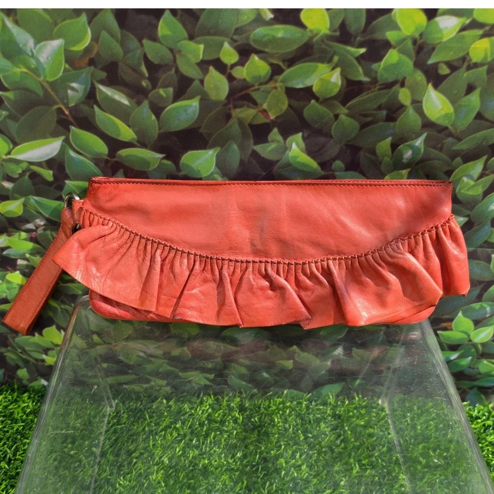 Hobo International Orange Red Ruffle Leather Wristlet Clutch Bag